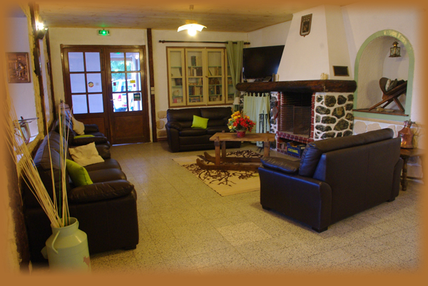 Le salon avec la chemin�e, la t�l�vision et la biblioth�que